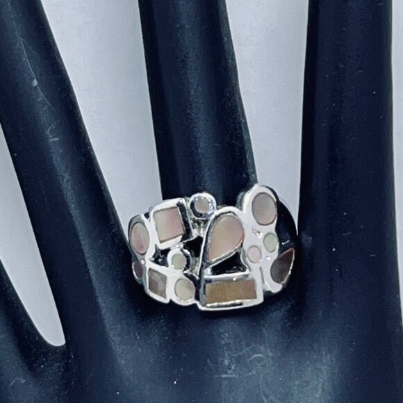 Silver Tone With Inlaid Abalone Shell Statement Ring Signed Thailand (R370) - Picture 1 of 7